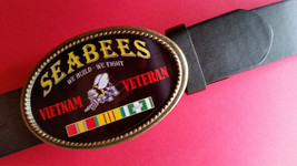 Vietnam Veteran - SEABEES-&quot; We Build-We Fight&quot; Epoxy Belt Buckle&amp; Black ... - £21.83 GBP