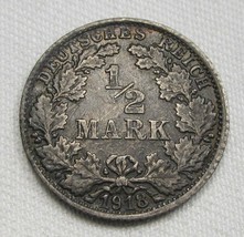 1918-F Germany 1/2 Mark .900 Fine Silver .0801oz XF Coin AE326 - £10.07 GBP