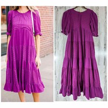 &amp;Merci Lined Midi Dress Size Small Purple Tiered Eyelet Lace Gauze - £27.06 GBP