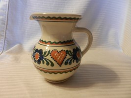 Small White Ceramic Pitcher Floral Embossed Design Blue, Green, Tan 5.75&quot; Tall - £31.45 GBP