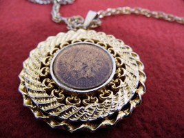Vintage 1882 Indian Head Penny Costume Jewelry  Necklace unmarked gold color - £13.50 GBP