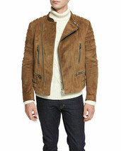 Mens Suede Leather Jacket Tan Moto Men Leather Biker Suede Jackets for Men 13 - £121.43 GBP