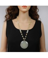 White Nephrite Jade Bead Necklace, Etched Compass Rose Pendant, Vintage ... - $108.04 CAD