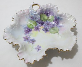 Vtg Porcelain Leaf Dish. Hand Painted Violets Scalloped Gold Edge Japan Signed - £23.98 GBP