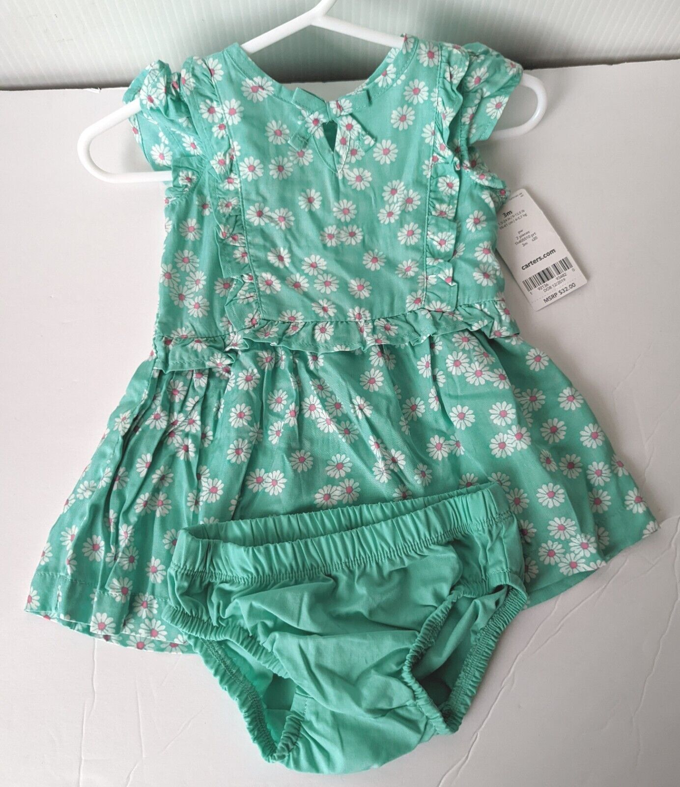 NEW Carters Baby Girl 3m Ruffle Sleeve Mint Pink Daisy Button Summer Dress Set - $34.00