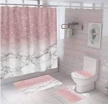 4 Pcs Pink Bathroom Shower Curtain Set with Waterproof Shower Curtain - £26.67 GBP