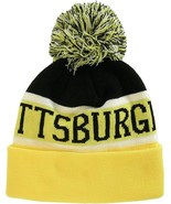 Pittsburgh City Name Wide Stripe Winter Knit Pom Beanie Hat (Black/Gold) - $27.28 CAD
