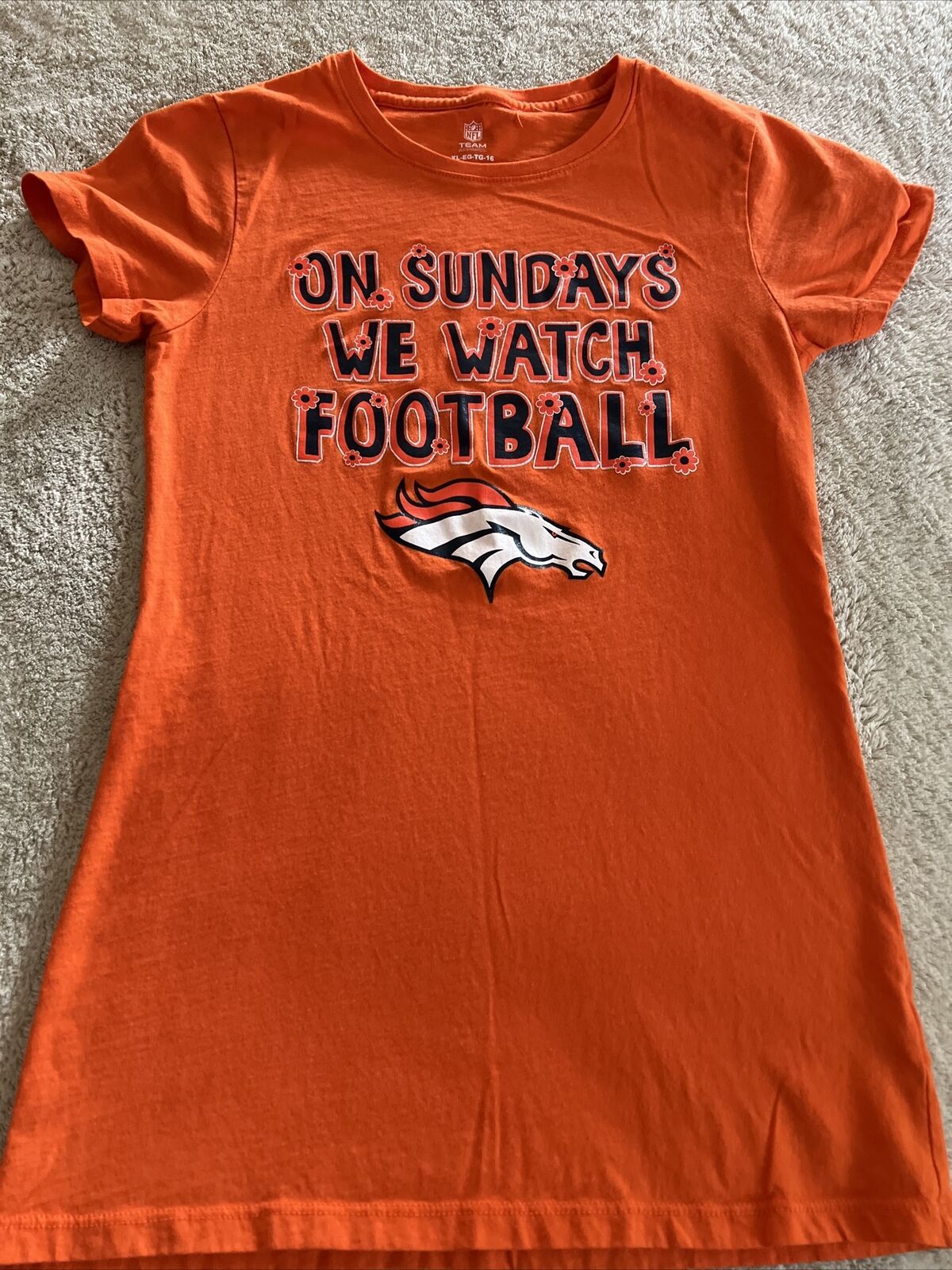 Denver Broncos Football Girls Orange ON SUNDAYS WE WATCH FOOTBALL Shirt 16 - $12.25