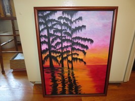 Wood Framed TROPICAL SUNSET Original PAINTING on Canvas - 19-1/2&quot; x 26&quot; - $58.41