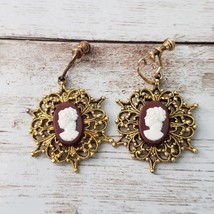 Vintage Screw On Earrings Red Cameo Style with Large Ornate Gold Tone Halo - £11.85 GBP
