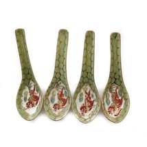 4 Asian Rice Soup Spoons Dragon Phoenix Porcelain Green Mid Century China - $39.57
