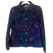 Choices Bright Pink Purple Embroidered Swirls Cotton Jean Jacket Med But... - $16.69