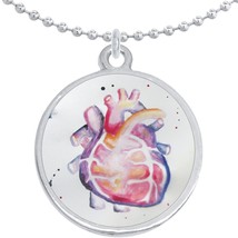Watercolor Anatomical Hearts Round Pendant Necklace Beautiful Fashion Jewelry - £8.48 GBP
