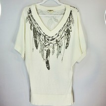 MM Unplugged by Miss Me Feather Print Top White Knit Womens Size Medium - £21.95 GBP