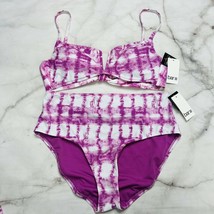 Bar III PURPLE FUCHSIA Summer Stripes High-Rise Bikini 2pc Size L Bralet... - $59.35