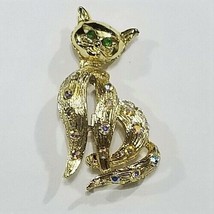 Green Eyed Cat Pin/Brooch With AB Rhinestones - £12.50 GBP