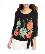 JM Collection Floral Bell-Sleeve Top, Black, Size L - $48.00