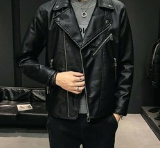 Men&#39;s Leather Jacket Fleece Lined Outwear Motorcycle Biker Coat - £133.71 GBP