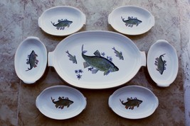 Lovely Vintage Israel Thick Porcelain Kedar Fish Platter Tray 6 Plates Set  Gold - £73.26 GBP