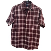 Gap Men's Shirt Large Maroon Red White Plaid Cotton Short Sleeves Button Down - $13.49