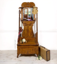 Antique Quarter Sawn Tiger Oak Hall Tree With Bench Mirror Entryway Storage - £1,498.79 GBP