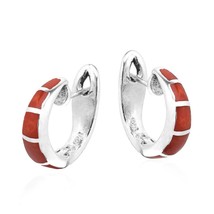 Simple Elegance Synthetic Red Coral Inlay Sterling Silver Hoop Huggie Earrings - £21.01 GBP
