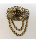 Rose Pin Brooch Vintage Ornate Scroll Filigree Chains Antique Gold Tone ... - £27.97 GBP