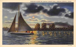 Yacht Sail Boat at Night Corpus Christi Texas 1940 linen postcard - £4.92 GBP