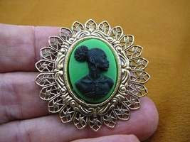 (CA10-110) RARE African American LADY green + black CAMEO filigree Pin Pendant - £21.63 GBP