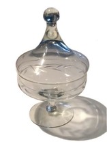 Large Clear Glass Pedestal Covered Candy Compote Bowl With Etched Leaves 8” Tall - £28.67 GBP