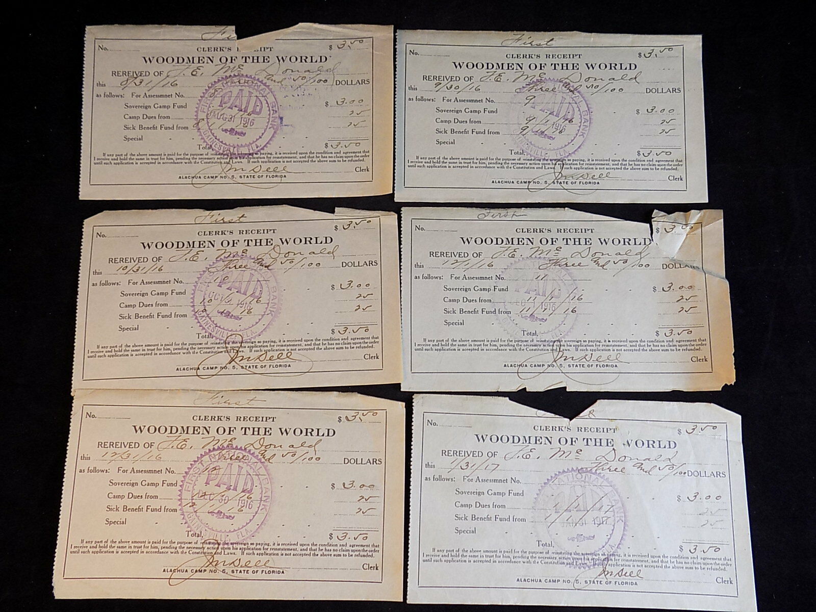 LOT OF 6 ANTIQUE RECEIPTS From WOODMEN OF THE WORLD August 1916-January ... - $9.89
