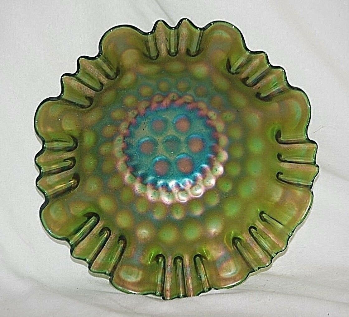 Antique Fenton Green to Amethyst Carnival Glass Coin Dot Bowl 3 -1 Crimped Edge Item image 2