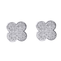 White Gold Plated Women&#39;s Simulated Diamond Clover Lucky Flower Stud Earrings - £28.51 GBP