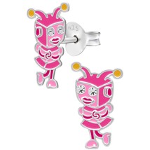 Pink Robot 925 Silver Stud Earrings with Crystals - £10.97 GBP