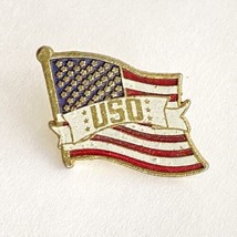 Vintage USO White Ribbon On American Flag Gold Tone Lapel Collar Pin Bac... - $8.99