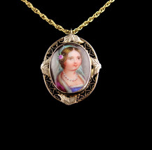Antique 19th century Portrait necklace - 14kt gold pendant - Miniature Framed pa - £233.09 GBP