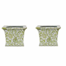Beautiful Pair Green and White Twisted Lotus Square Porcelain Flower Pot 6&quot; - £116.52 GBP