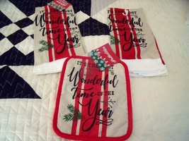 New Set 3 Holiday Most Wonderful Time Of The Year Kitchen Towels &amp; Potholder - £13.41 GBP