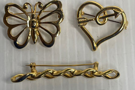 Scatter Pin Trio BUTTERFLY HEART CHAIN Gold Tone Brooch - £5.43 GBP