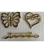 Scatter Pin Trio BUTTERFLY HEART CHAIN Gold Tone Brooch - $6.88