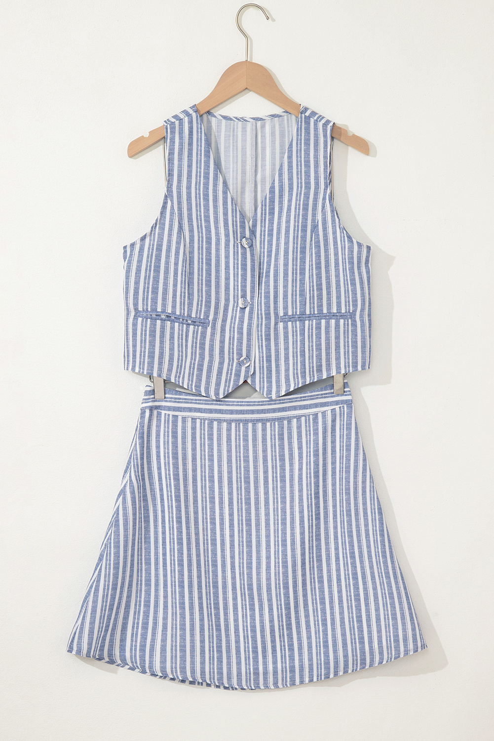 Sky Blue Stripe Buttoned Office Waistcoat and Mini Skirt Set - $27.60