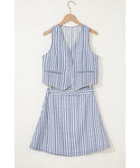Sky Blue Stripe Buttoned Office Waistcoat and Mini Skirt Set - $515.68 MXN