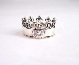 Sterling Silver Crown Ring with Cubic Zirconia Princess, Size 6 - £23.58 GBP