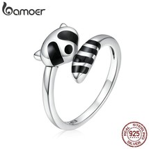 Authentic 925 Sterling Silver Black Enamel Raccoon Finger Rings for Women Adjust - £18.08 GBP