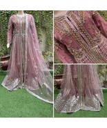 Pakistani Tea Pink long Gown shirt Style  Embroidered Sequins  Dress,M - $153.45