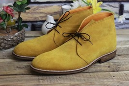 Men&#39;s New Handmade Formal Shoes Yellow Suede Leather Lace Up Stylish Chukka  - $152.99