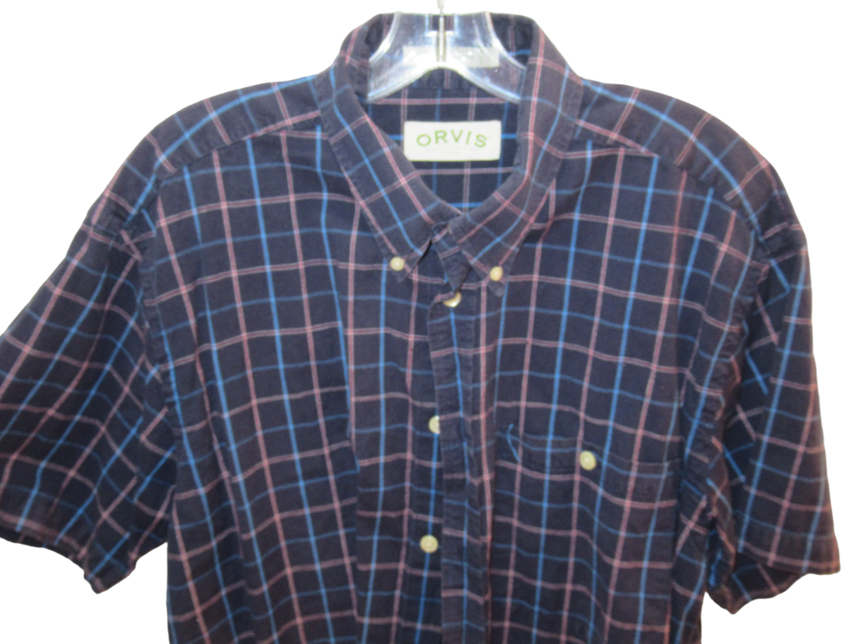 Primary image for Orvis men button front blue red white plaid Large short sleeve shirt slight wear