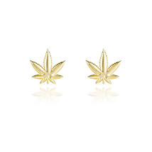 10K Solid Gold Small Marijuana Stud Earrings - Yellow - £71.21 GBP