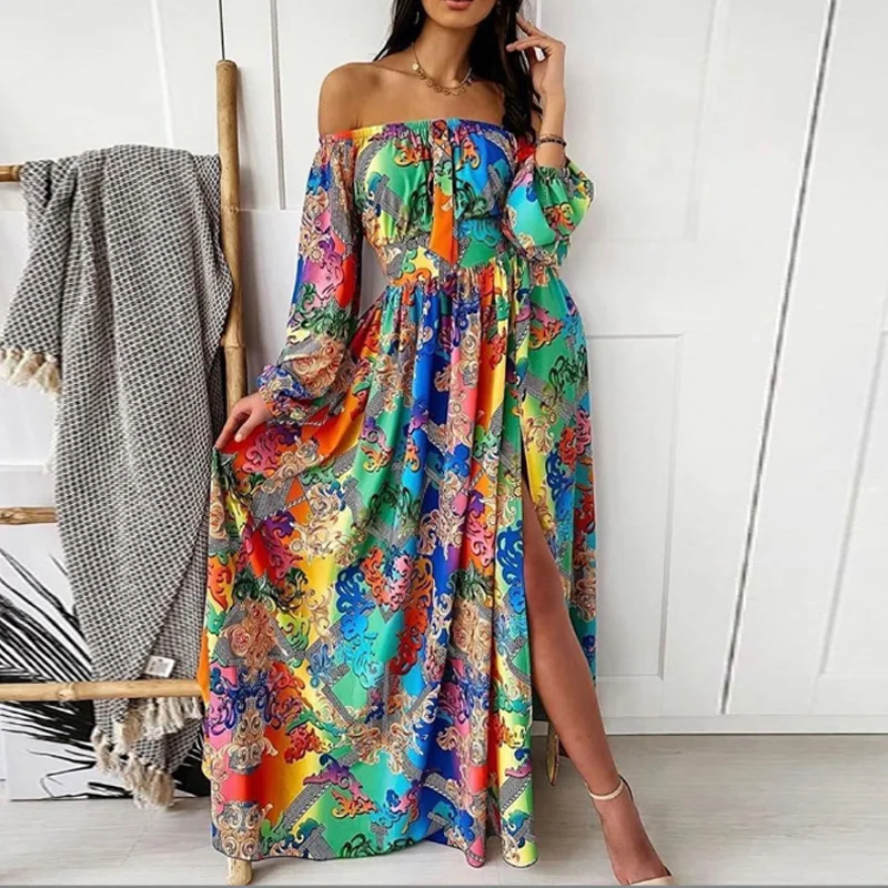 Elegant Print Large Swing Evening Dress 2023 Women  Slash Neck Boho Maxi Dress L - $92.86