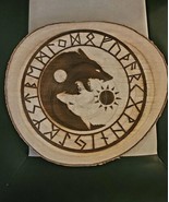 Handmade engraved wooden Log Altar  Viking Vegvisir and Wolves Runic Pagan - $31.43